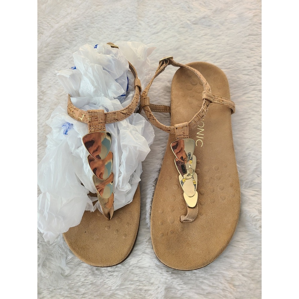Vionic Miami Cork T-Strap Sandals Gold Hardware Tan Orthotic Thong Women 7